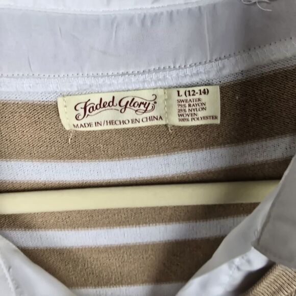 Faded Glory Shirt Sweater Tunic Top L Taupe White Striped Collared Preppy Modern - Picture 3 of 15